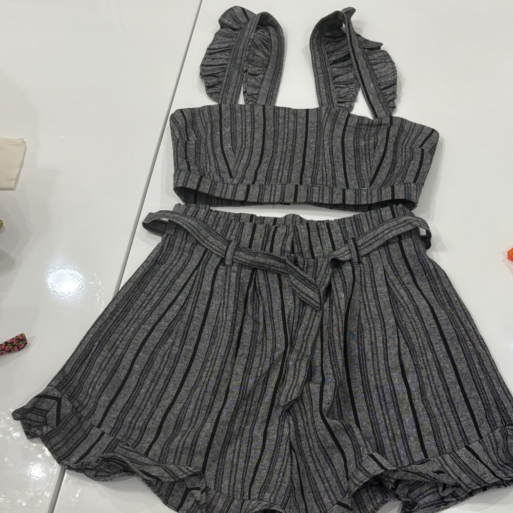 Gray Striped Crop Top and shorts